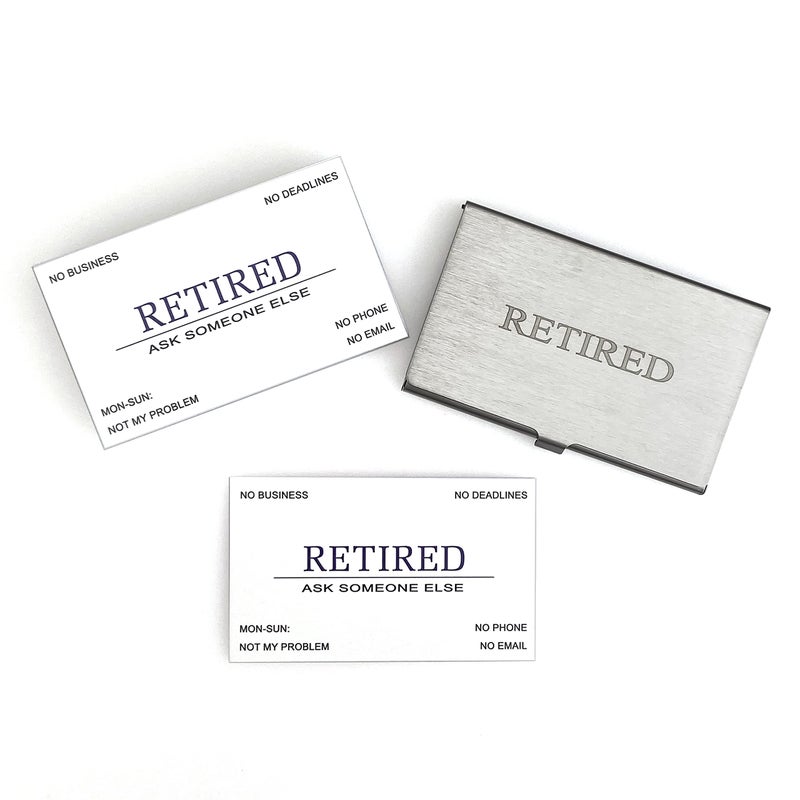 RXBC2011 Retirement card Retired Business Cards Funny Retirement Gift (Pack of 50/With Stainless Steel Case) For Retired Men Women Coworkers Employees Boss Friend Colleague - Image 4
